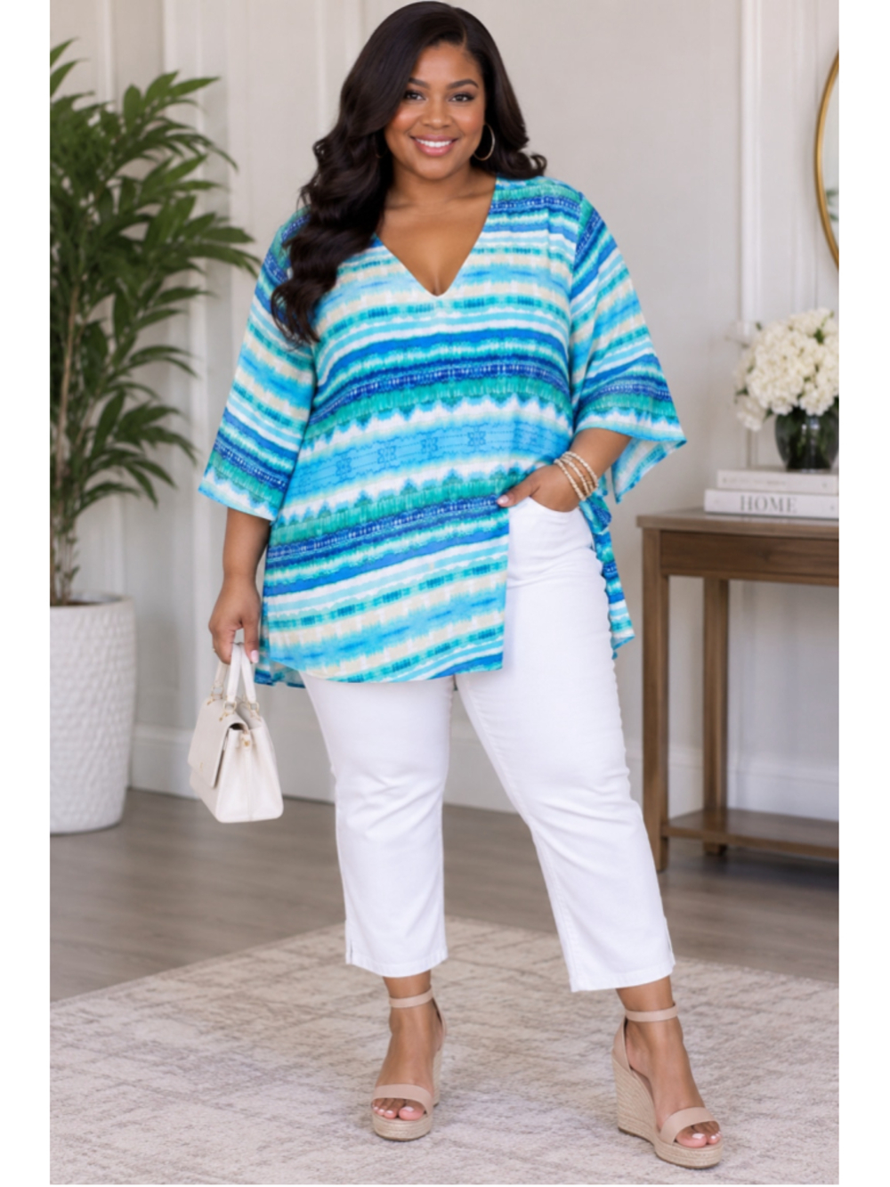 Chico's Blue White Tie-Dye V-Neck Blouse, Women's Size XL